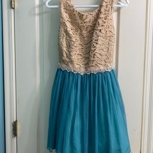 Blue and tan lacy formal dress for teens!